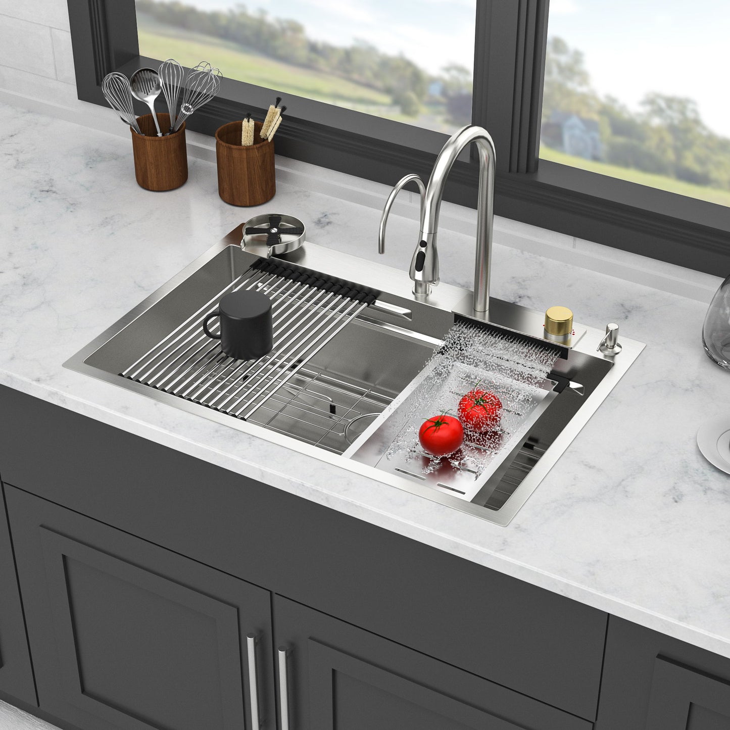Waterfall Kitchen Sink With Pull Out Faucet & Cup Washer Daily Nest