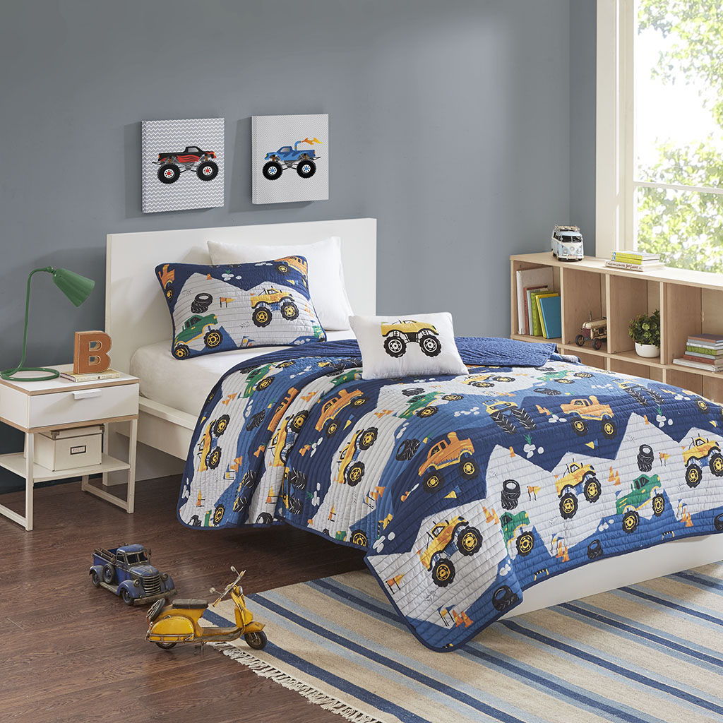 Nash - Twin Monster Truck Reversible Coverlet Set - Blue Mi Zone Kids
