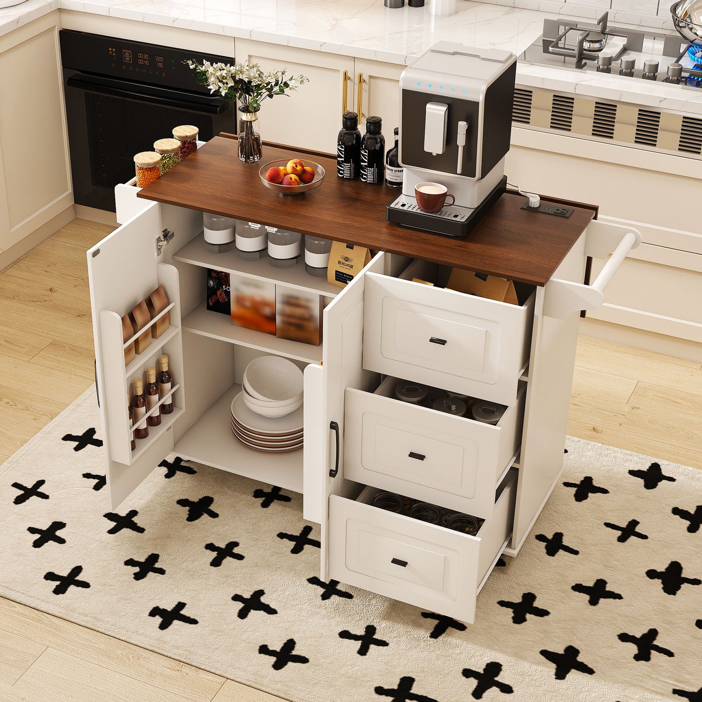 Kitchen Island Cart With Foldable Tabletop & Drop Leaf Mobile Breakfast Bar With Wood Top And Storage - White / Walnut Home Essentials