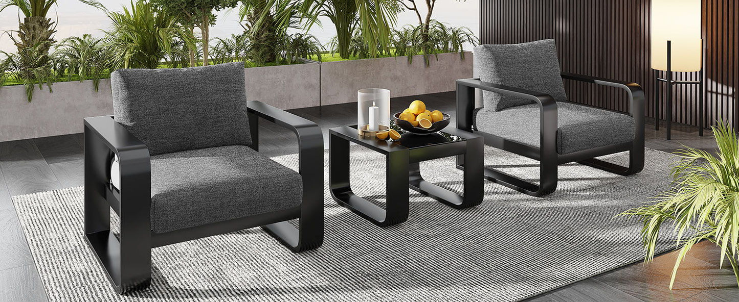 3 Piece Aluminum Frame Patio Furniture With 6.7" Thick Cushion And Coffee Table, All Weather Use Olefin Fabric Outdoor Chair - Gray / Black Hearth and Haven