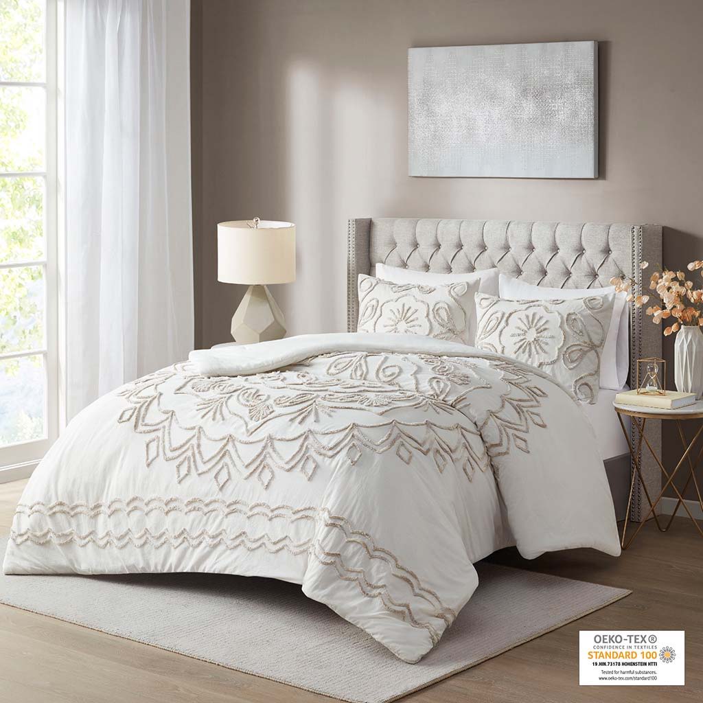 Violette - King 3 Piece Tufted Comforter Set - Ivory / Taupe Madison Park