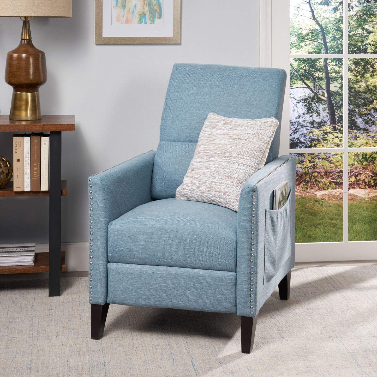 Repose Upholstered Recliner Chair With Nailhead Trim And Side Pocket - Light Blue Noble House