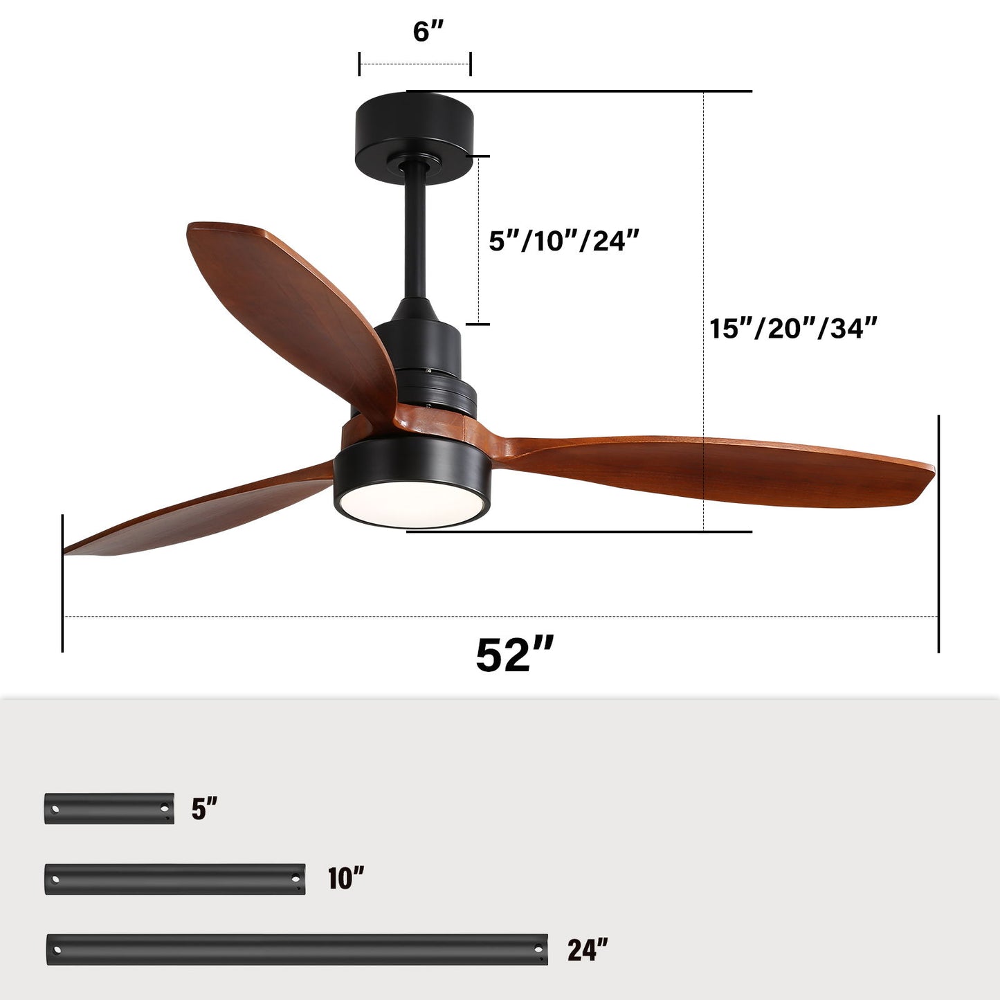 Wooden Ceiling Fan With 3 Solid Wood Blades Remote Control Reversible DC Motor With LED Light Daily Nest