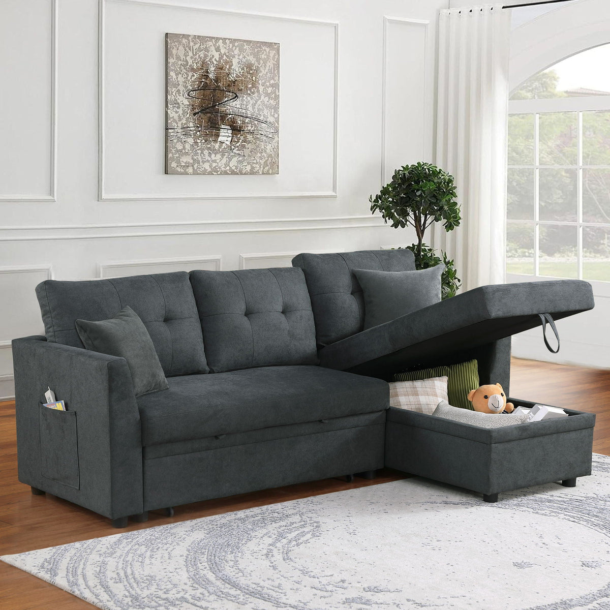 Sectional Sofa Bed L Shaped Sofa Couch Bed With USB Port, Reversible Chaise With Storage Home Essentials