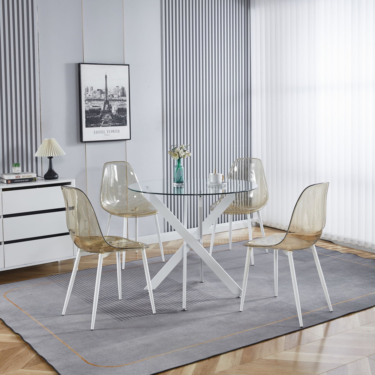 Dining Table With Cross Metal Leg And Tempered Glass, Modern Space Saving Kitchen Table For Living Room Home Essentials