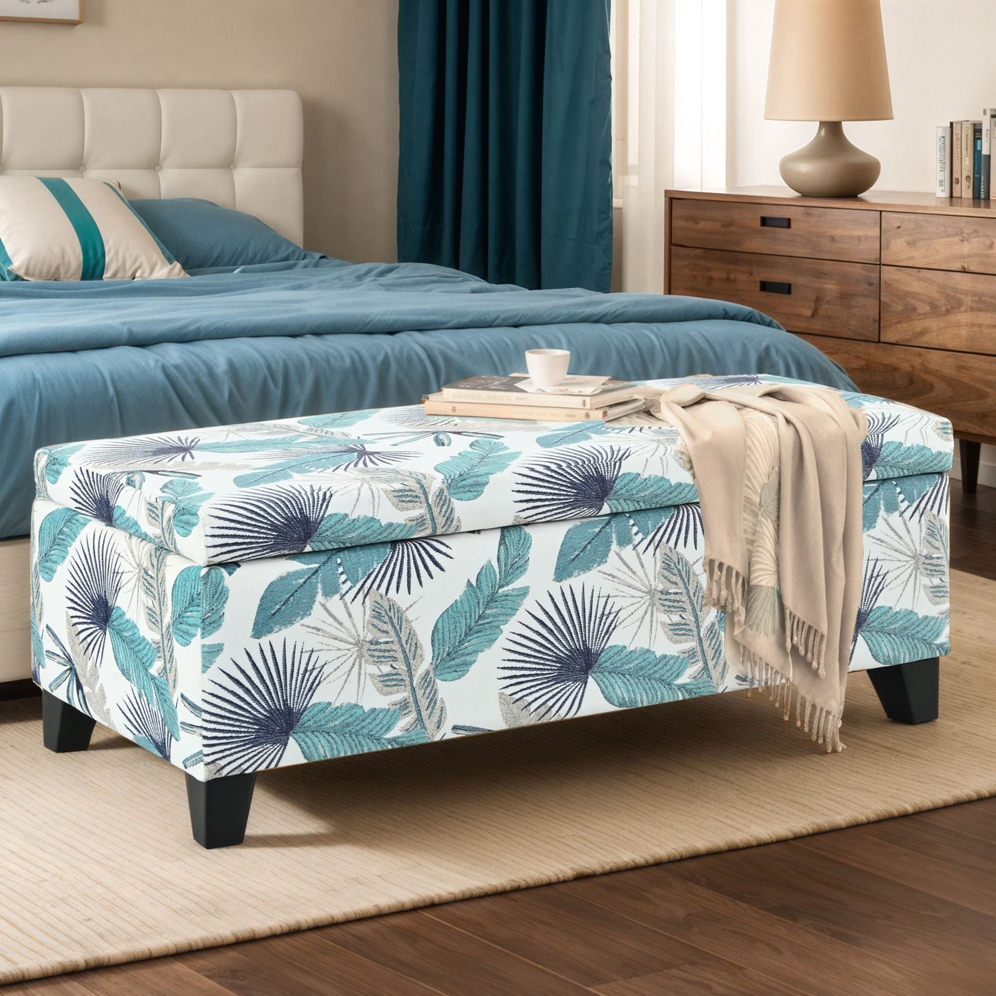 Charming Floral Storage Ottoman With Upholstered Fabric Noble House