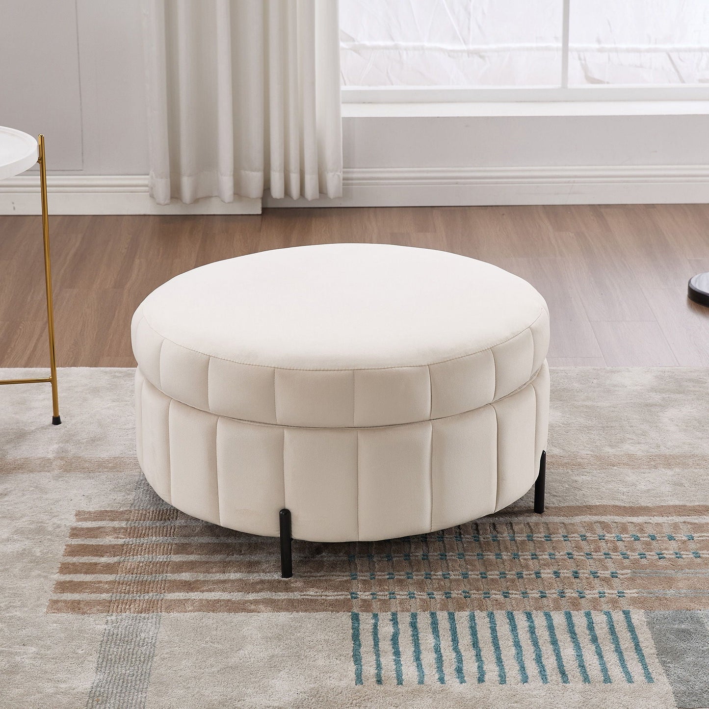 Upholstered Round Ottoman With Reversible Lid, Channel Tufted Pumpkin Shape Home Essentials