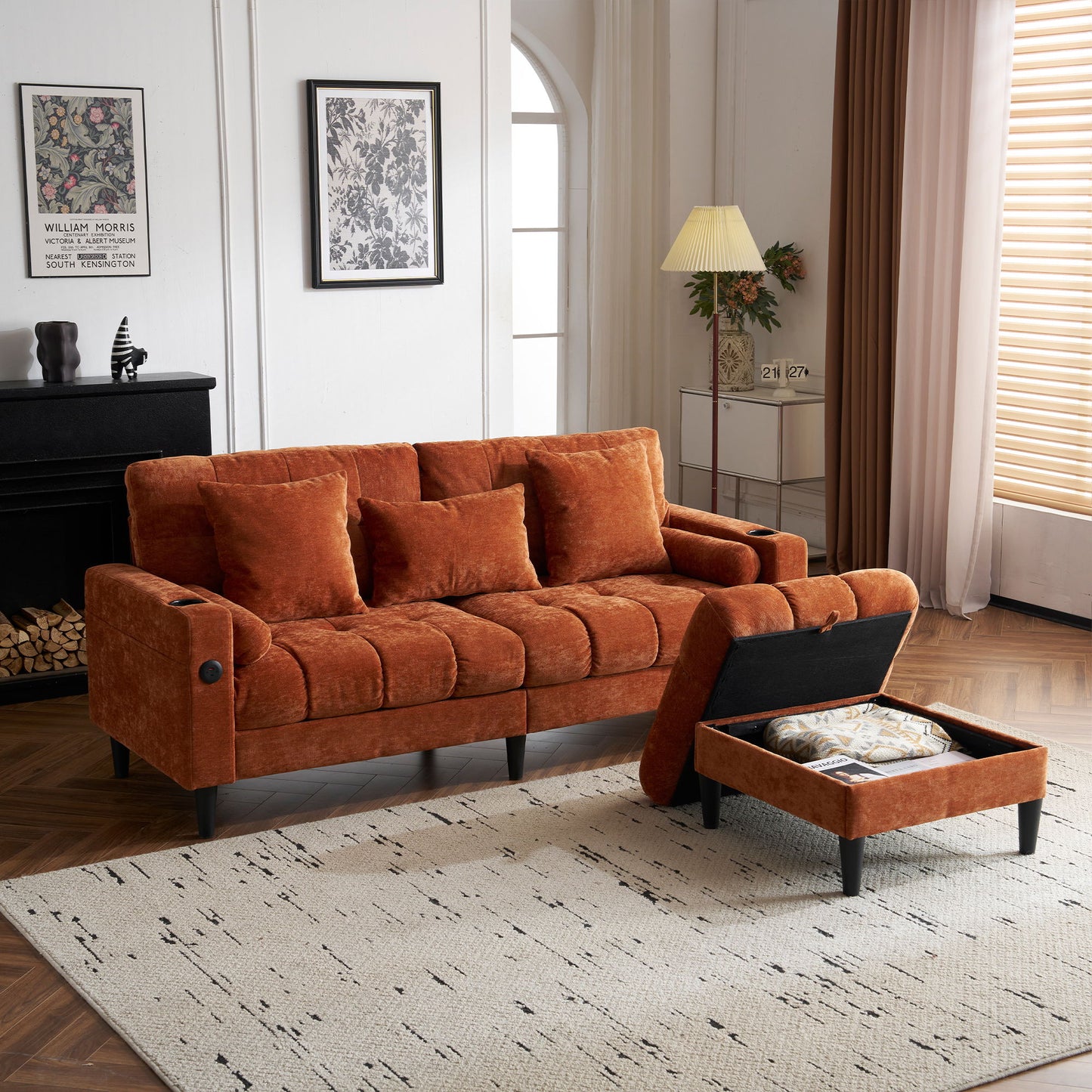 3 Seat L-Shaped Chenille Sofa With Removable And Storage Ottoman, Side Storage, And USB / C - Type Charging Ports Sofa For Living Room