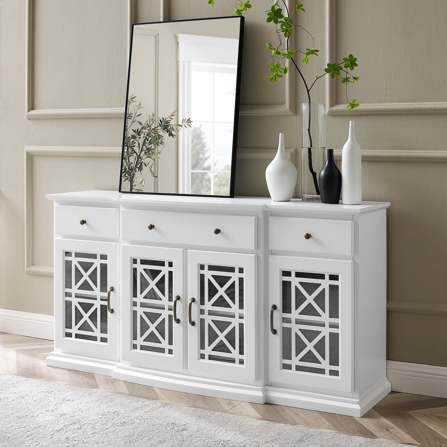 Classic Fretwork Detailed Glass Door Sideboard Walker Edison