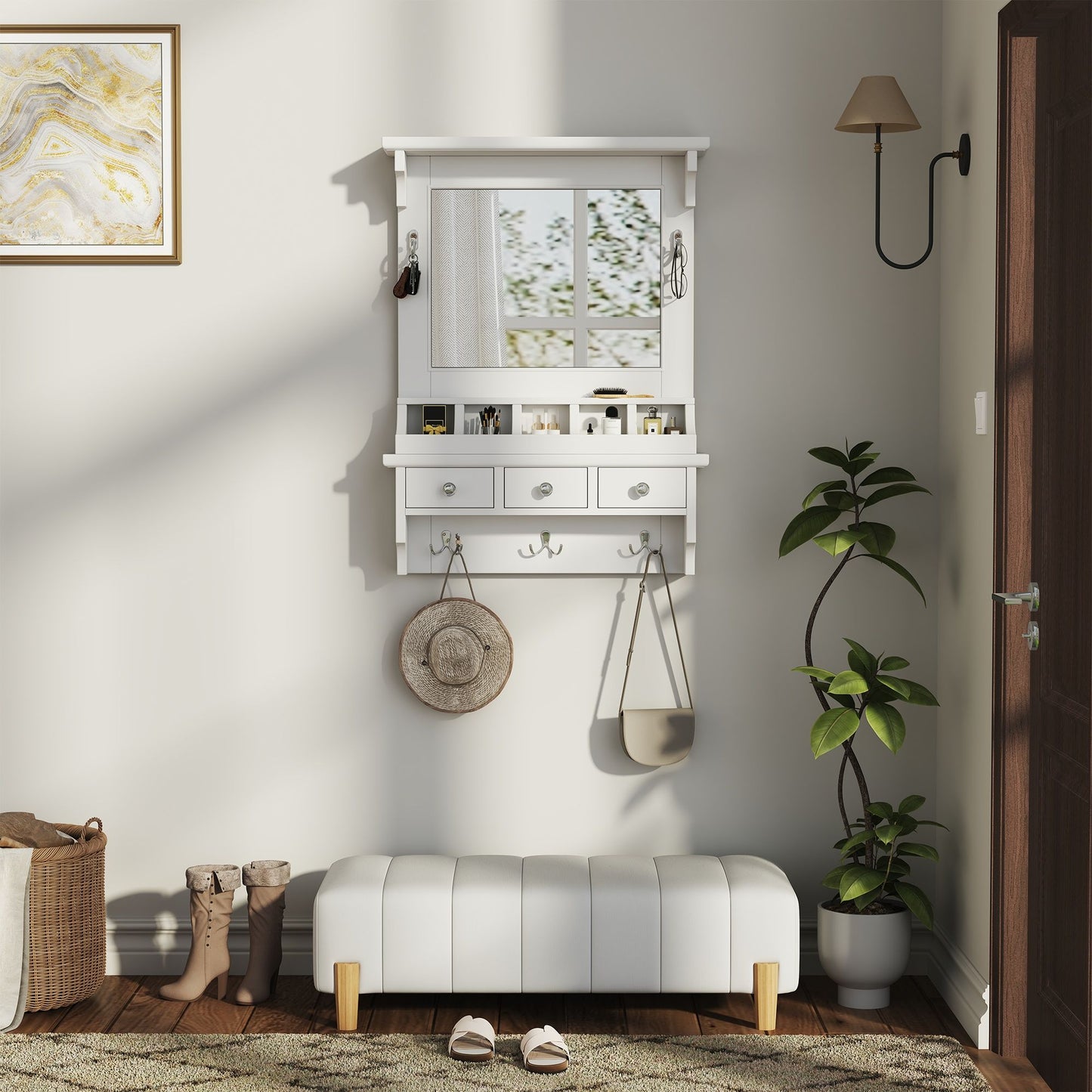 Floating Makeup Vanity With Big Mirror, Wall Mounted Storage Vanity With Drawers, Pockets & Hooks, Space Saving Decorative Home Organizer - White Daily Nest