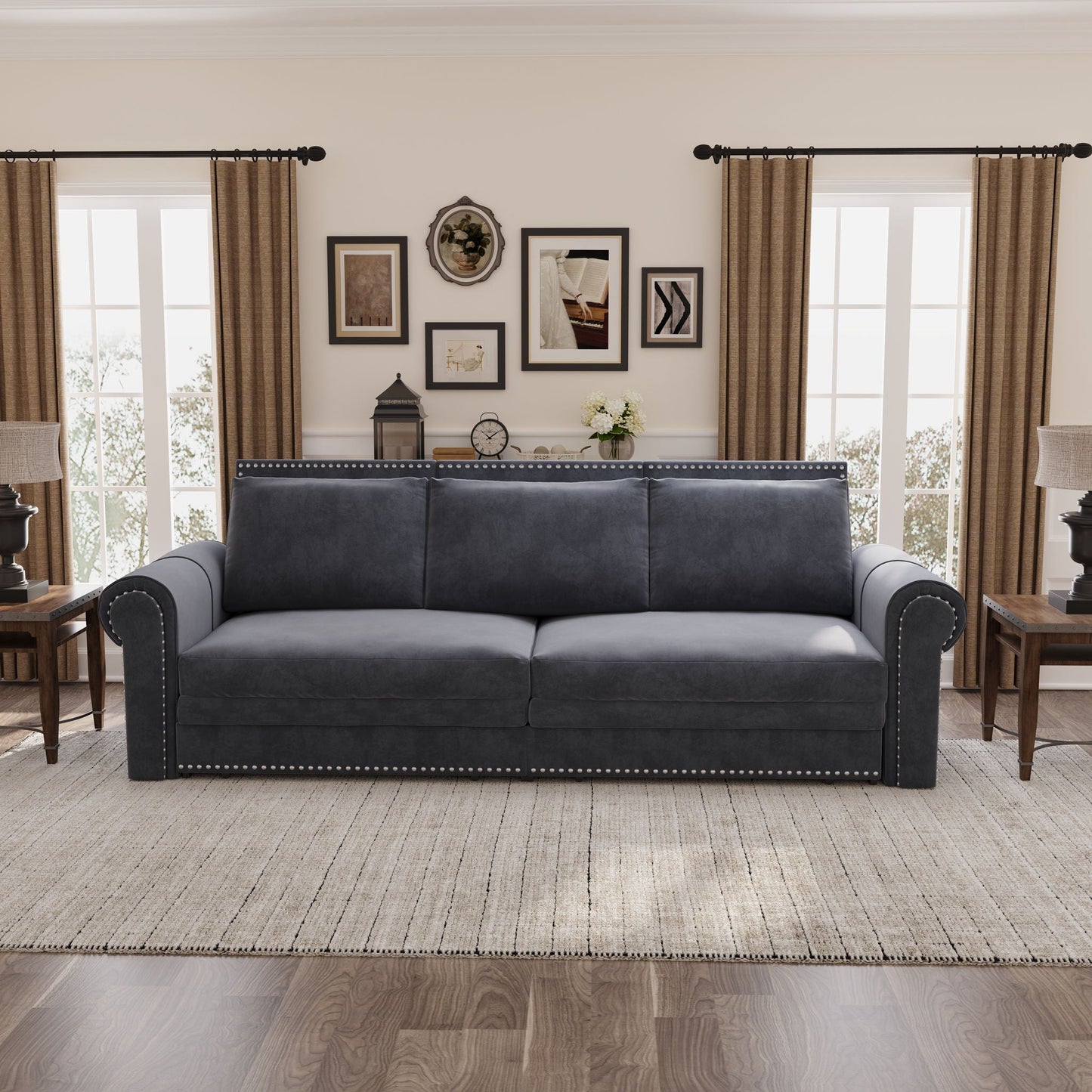 3 In 1 Convertible Sleeper Sofa With Nailhead Trim & Rolled Arm Home Essentials