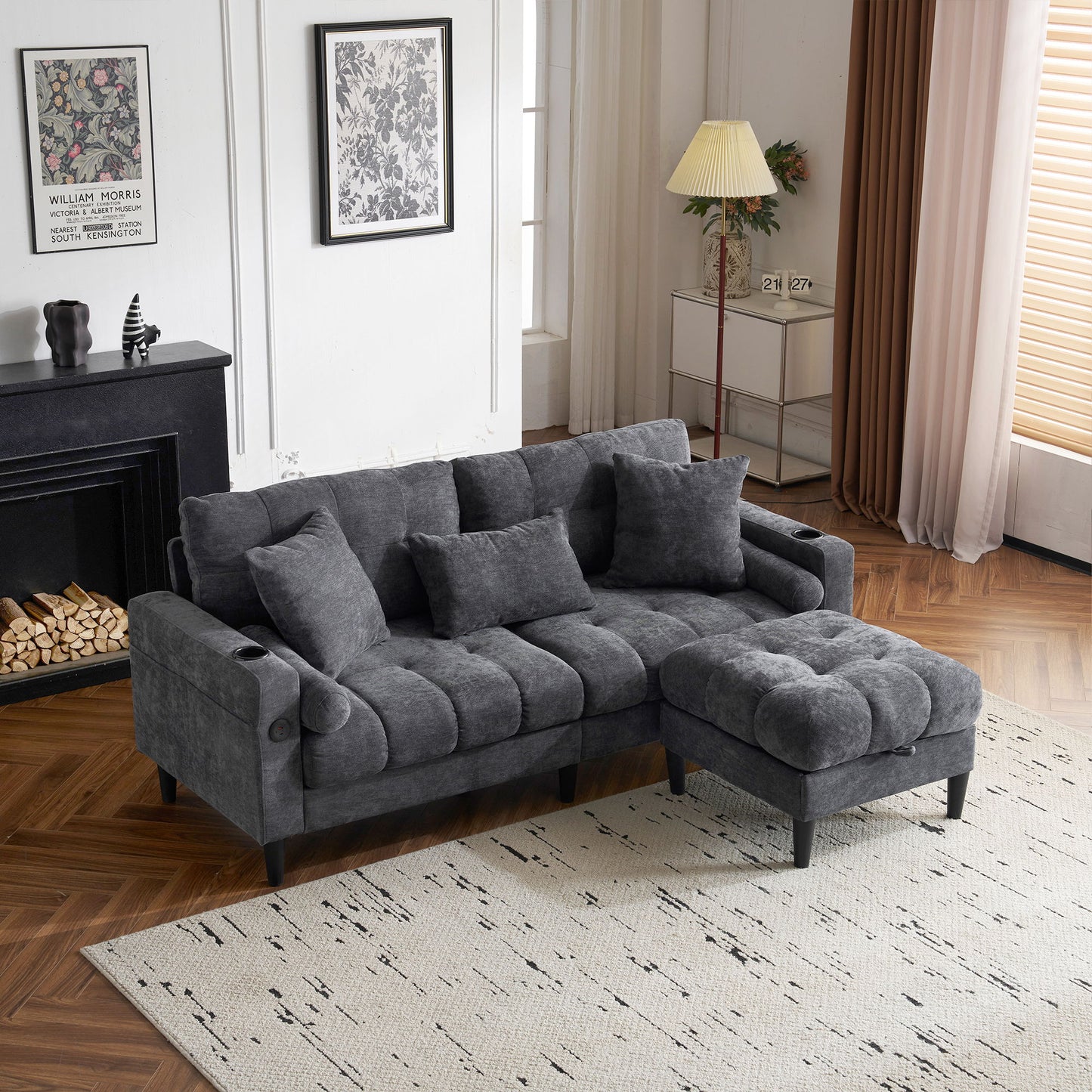 3 Seat L-Shaped Chenille Sofa With Removable And Storage Ottoman, Side Storage, And USB / C - Type Charging Ports Sofa For Living Room