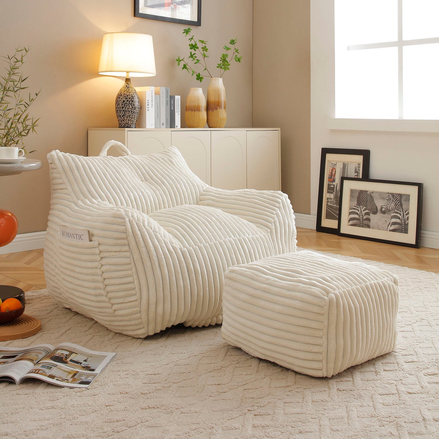 Giant Plush Bean Bag Chair With Armrests And Footstool Home Essentials