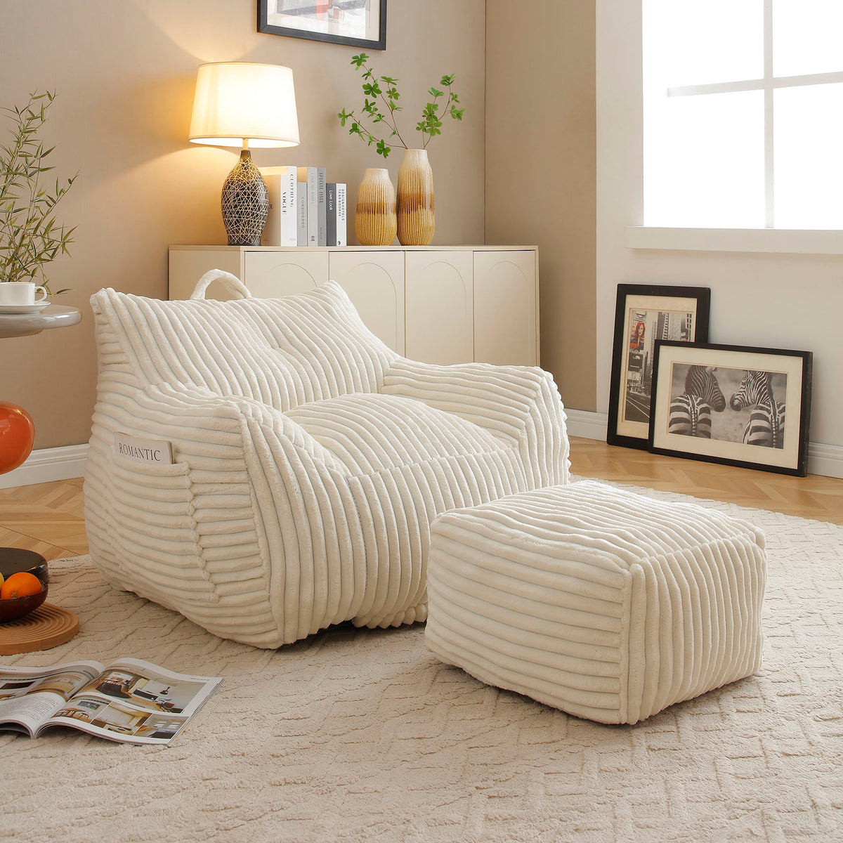 Giant Plush Bean Bag Chair For Adults With Armrests And Footstool - Beige Home Essentials