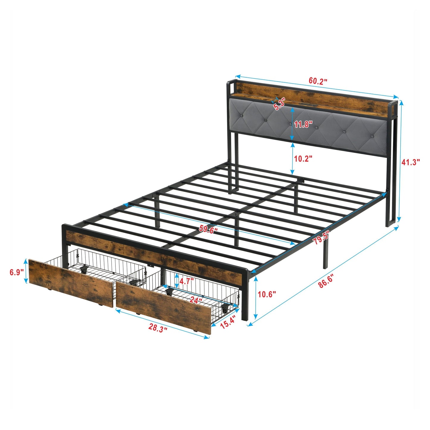 Modern Bed Frame With LED Lights, Upholstered Headboard, USB Charging Home Essentials