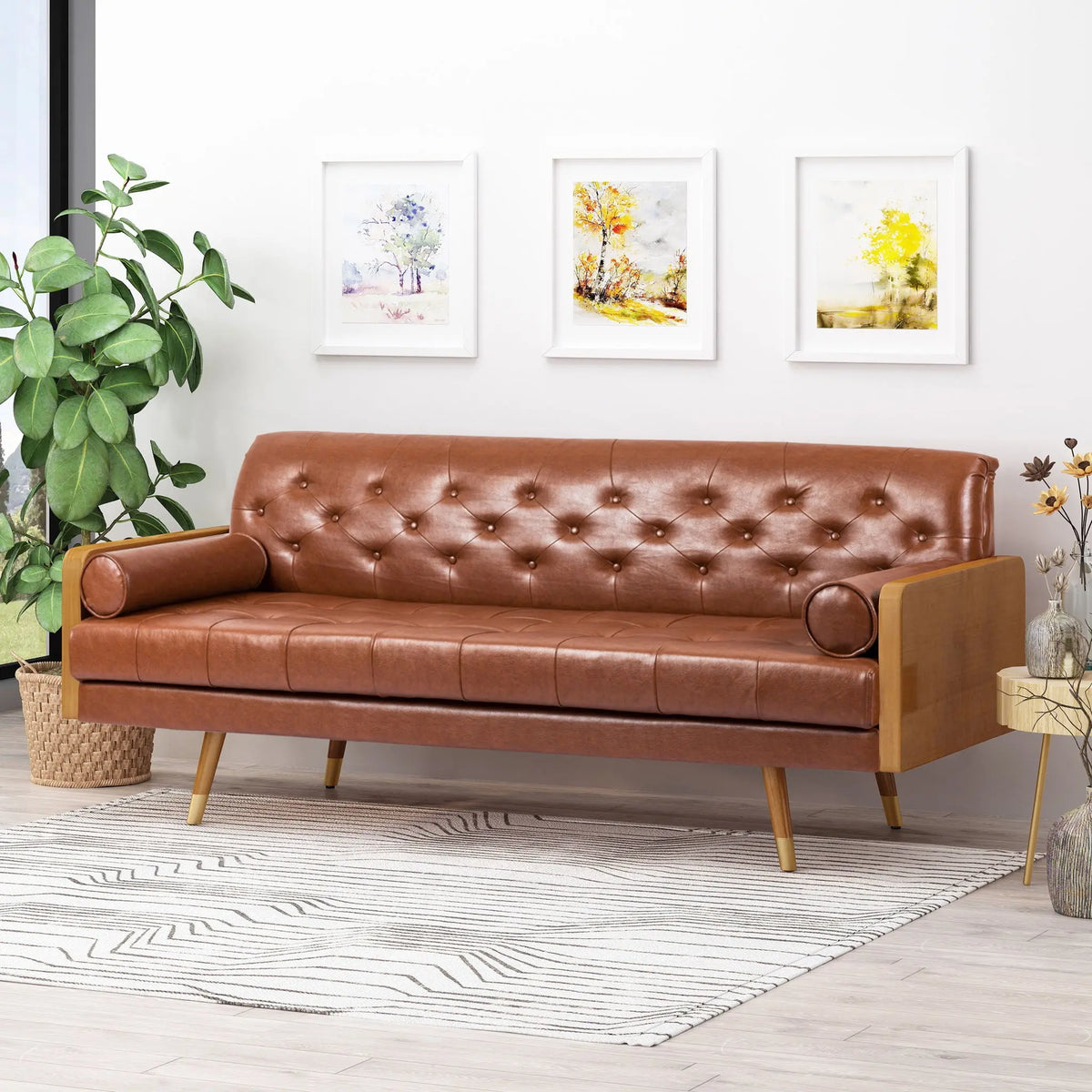 Adelaide - Mid Century Modern Tufted Sofa With Rolled Accent Pillows - Light Brown Noble House