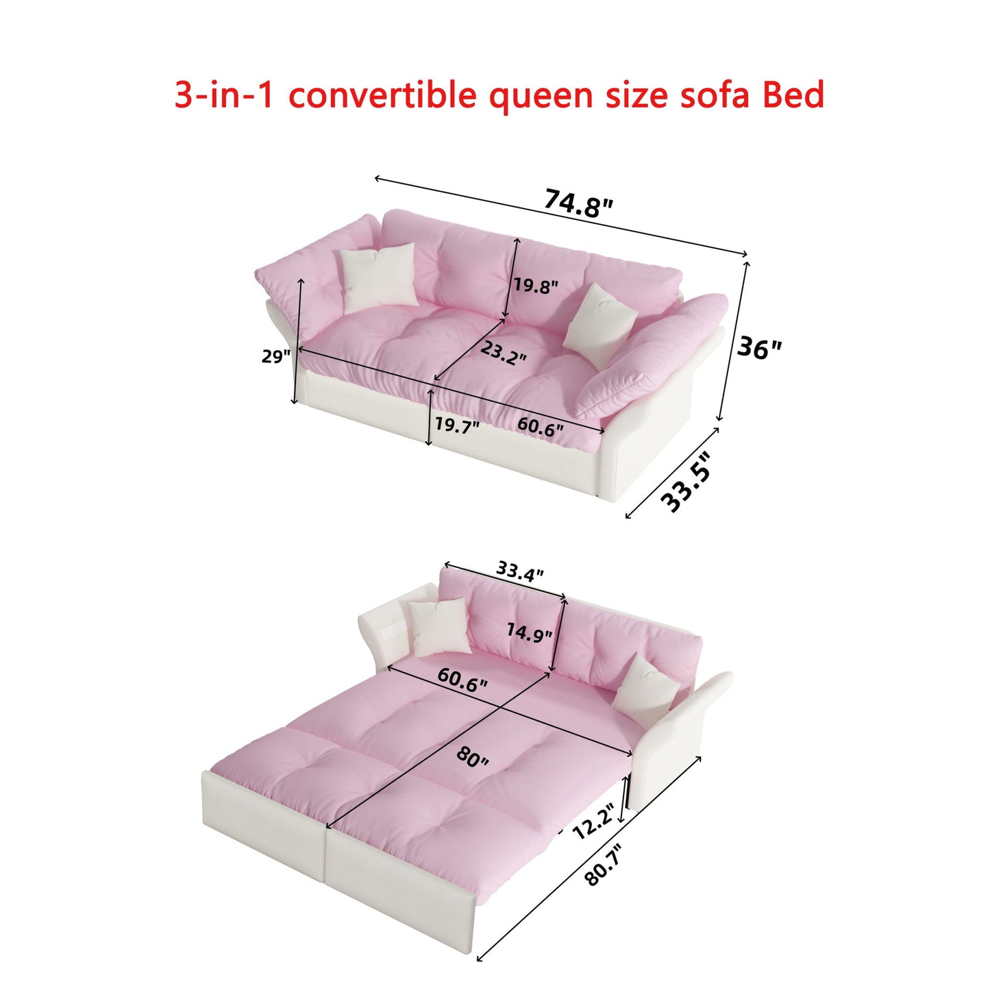 Queen Pull Out Sofa Bed, 3 In 1 Convertible Sleeper Tufted With 2 Soft Pillows Home Essentials