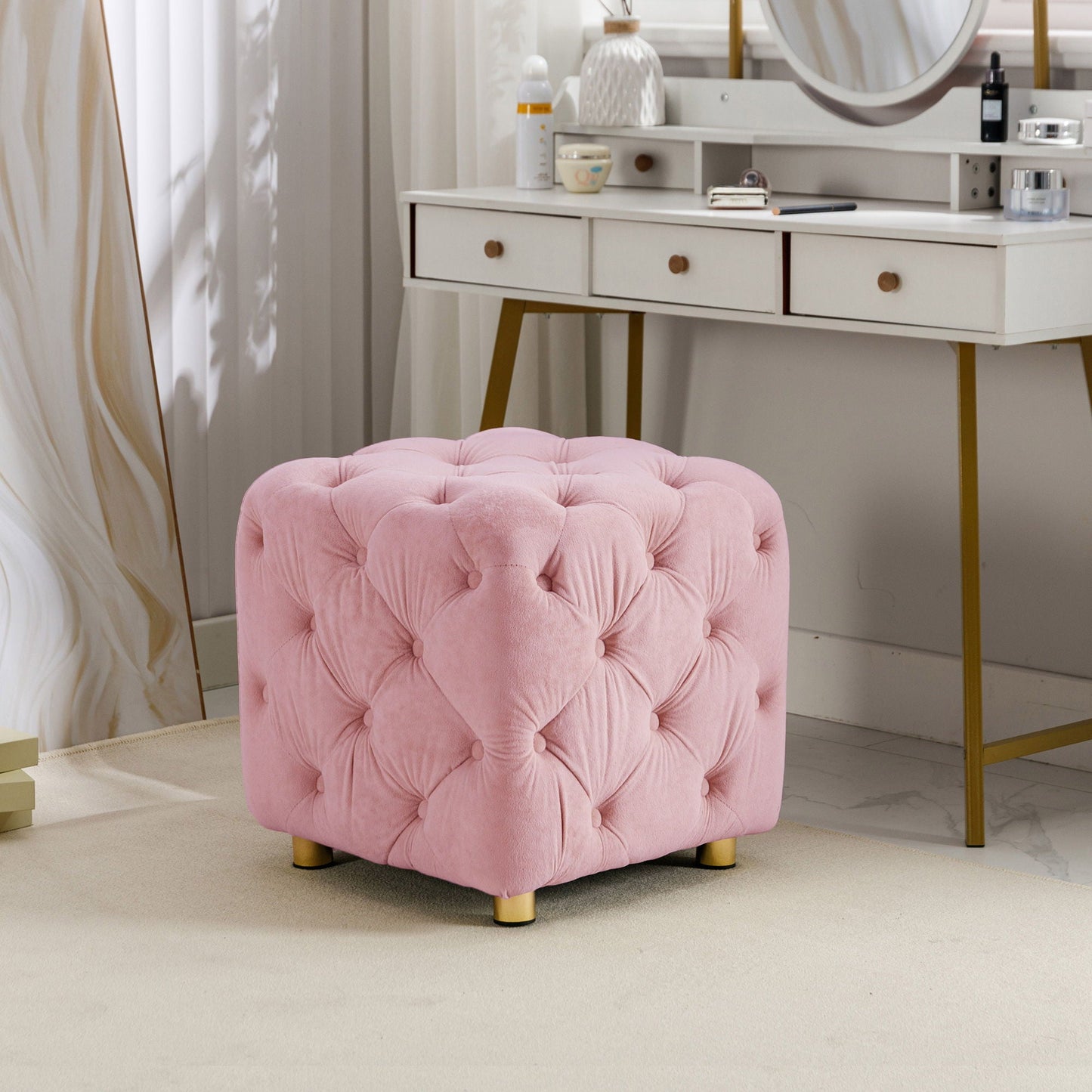 Modern Velvet Upholstered Ottoman, Exquisite Small End Table, Soft Foot Stool, Dressing Makeup Chair, Comfortable Seat For Living Room, Bedroom, Entrance Home Essentials