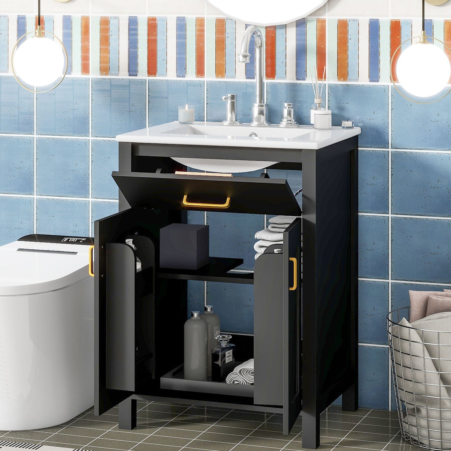 Bathroom Vanity Combo With Ceramic Sink, Luxurious Space-Saving Vanity, 2 Soft Close Doors Hearth and Haven