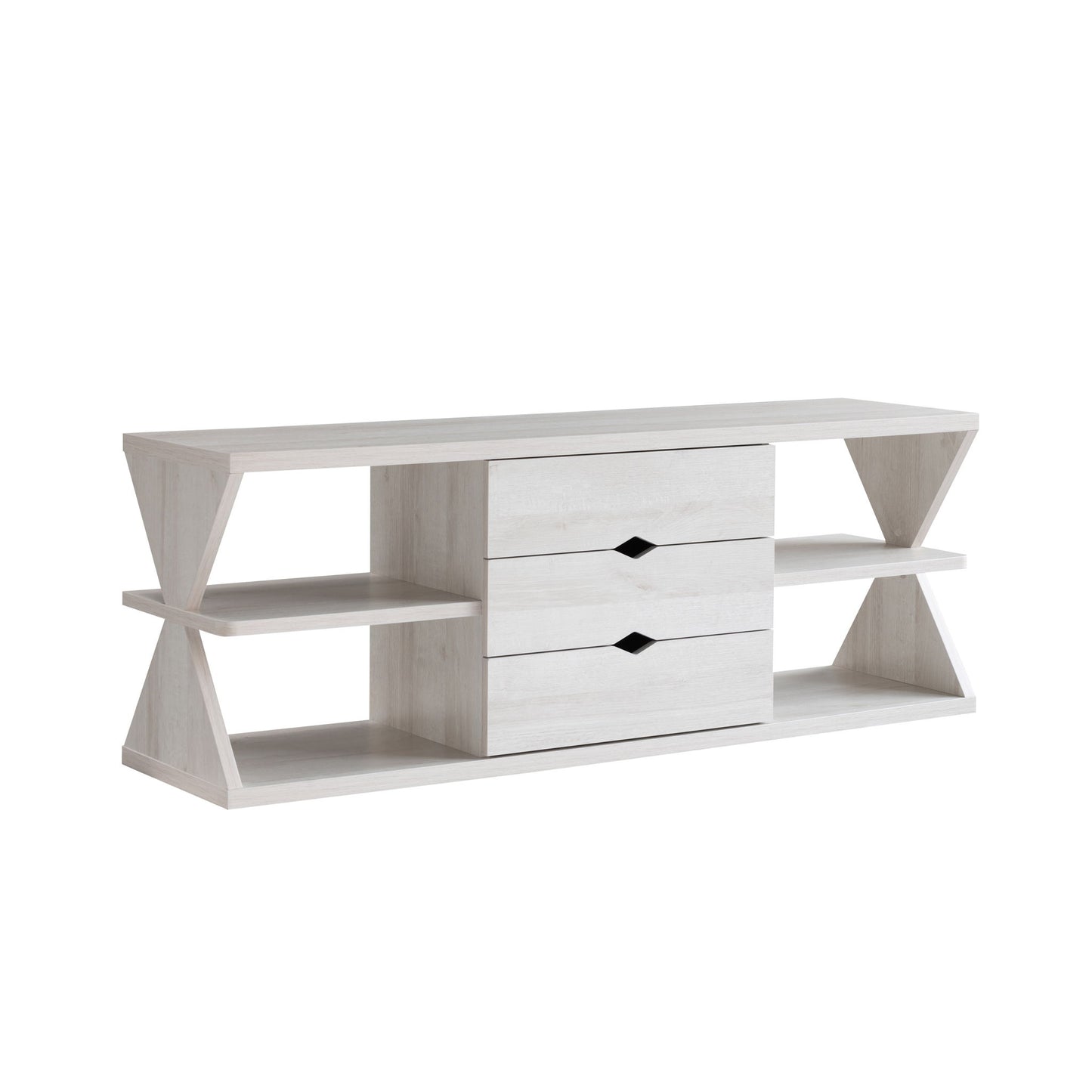 Modern TV Stand With Four Open Shelves And Three Storage Drawers - White Oak Home Essentials