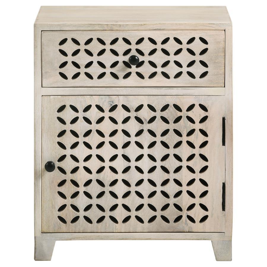August - 1-Drawer Trellis Pattern Storage Cabinet - White Washed CoasterEssence