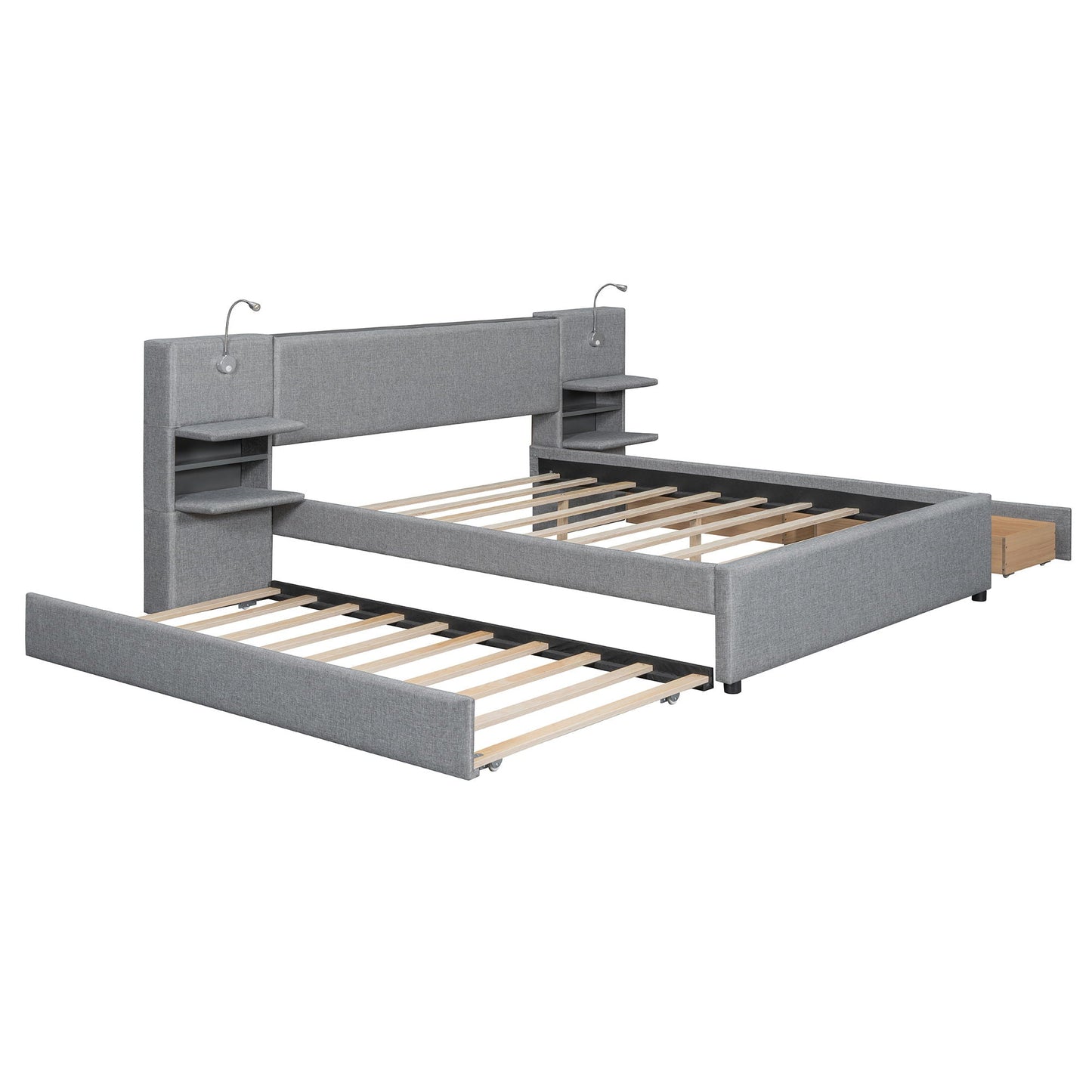 Upholstered Platform Bed With Reading Lights, Drawers, Trundle And Shelves Halcyon Home