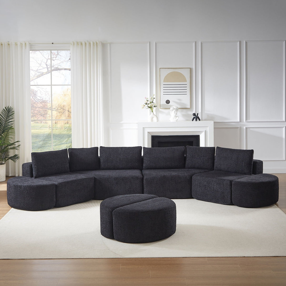 Modular Sectional Sofa With 6 Pillows And 4 Curved Footstools For Living Rooms - Black Home Essentials
