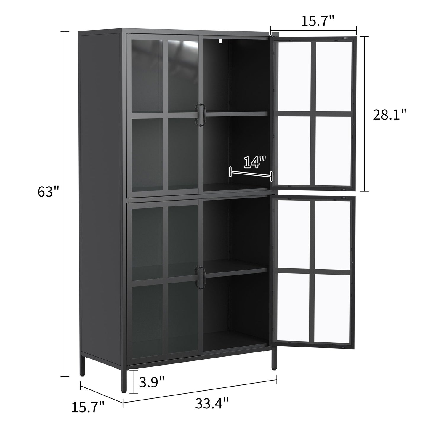Premium Metal Storage Cabinet With Tempered Glass Doors, Adjustable Shelves, And Anti Tipping Device - Black Home Essentials