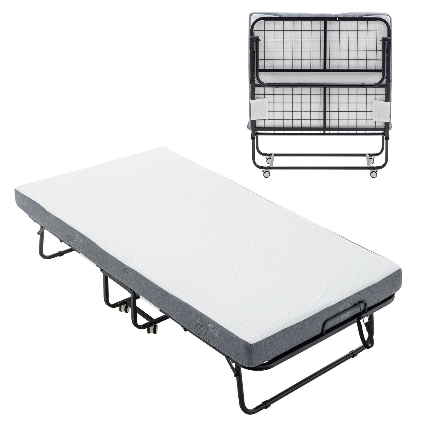 Foldable Metal Frame Bed For Guest With Memory Foam Mattress On Wheels, Saving Space Rollaway Bed Home Essentials