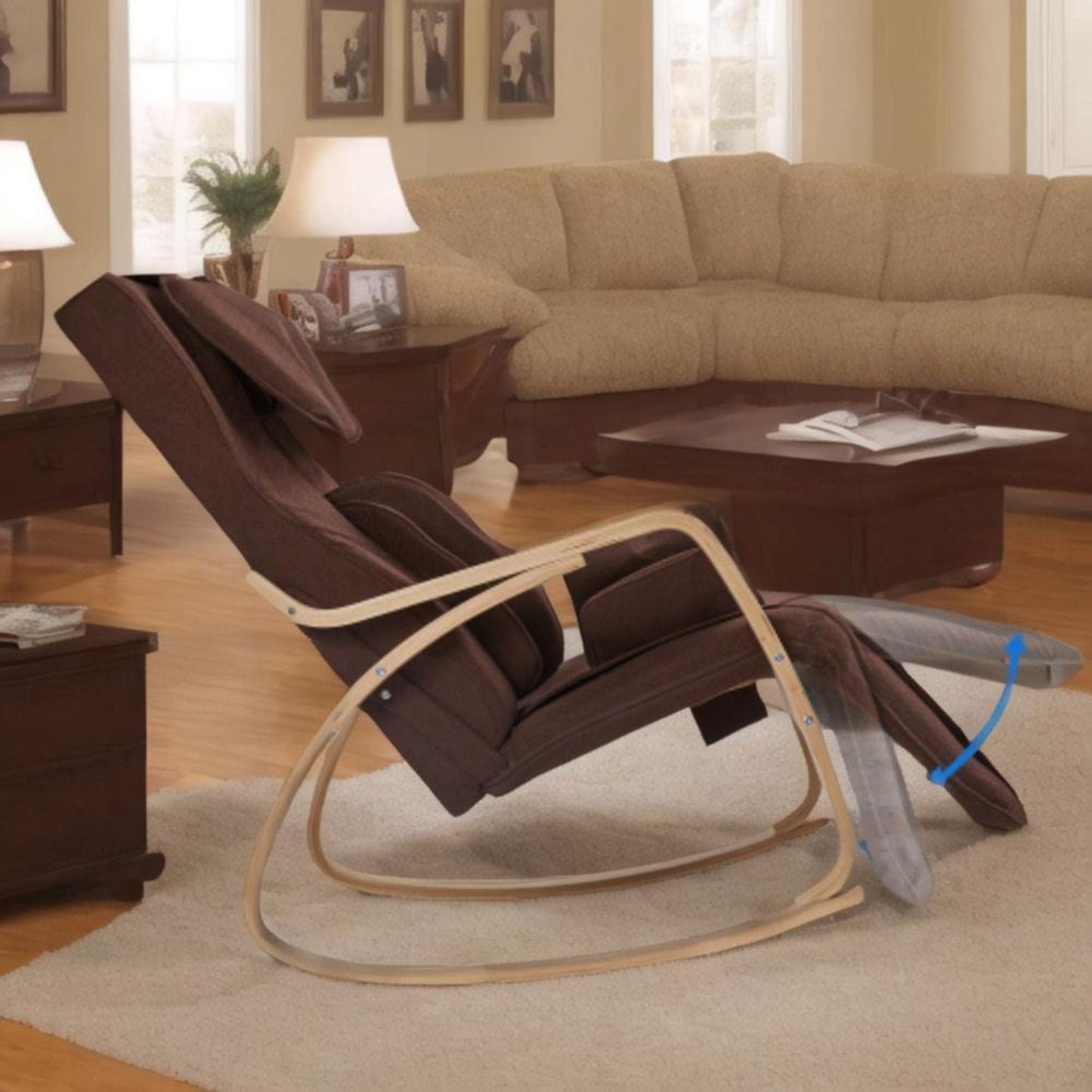 Comfortable Relax Rocking Chair With Full Massage Function Cotton Fabric Air Pressure - Brown Home Essentials