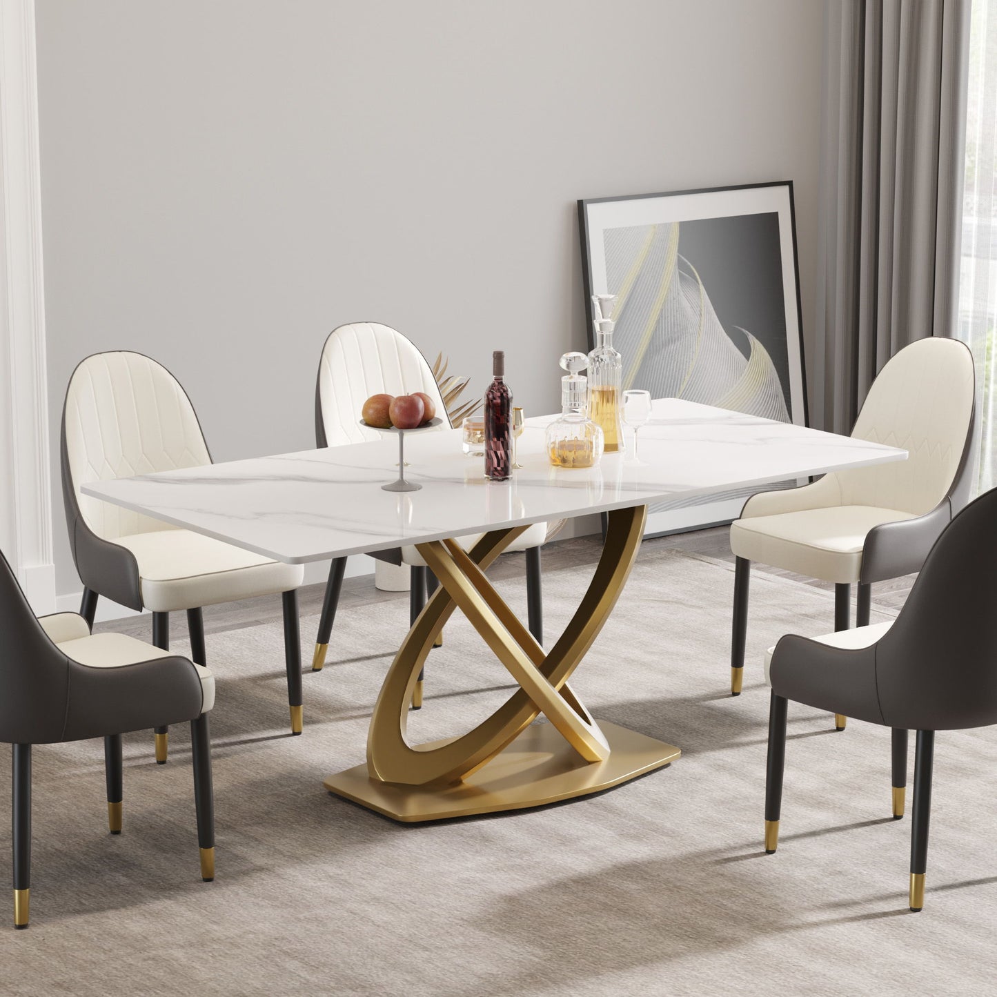 70.84" Modern Artificial Stone Panel Double-Ring Stainless Steel Metal Legs, Can Accommodate 6-8 People Home Essentials