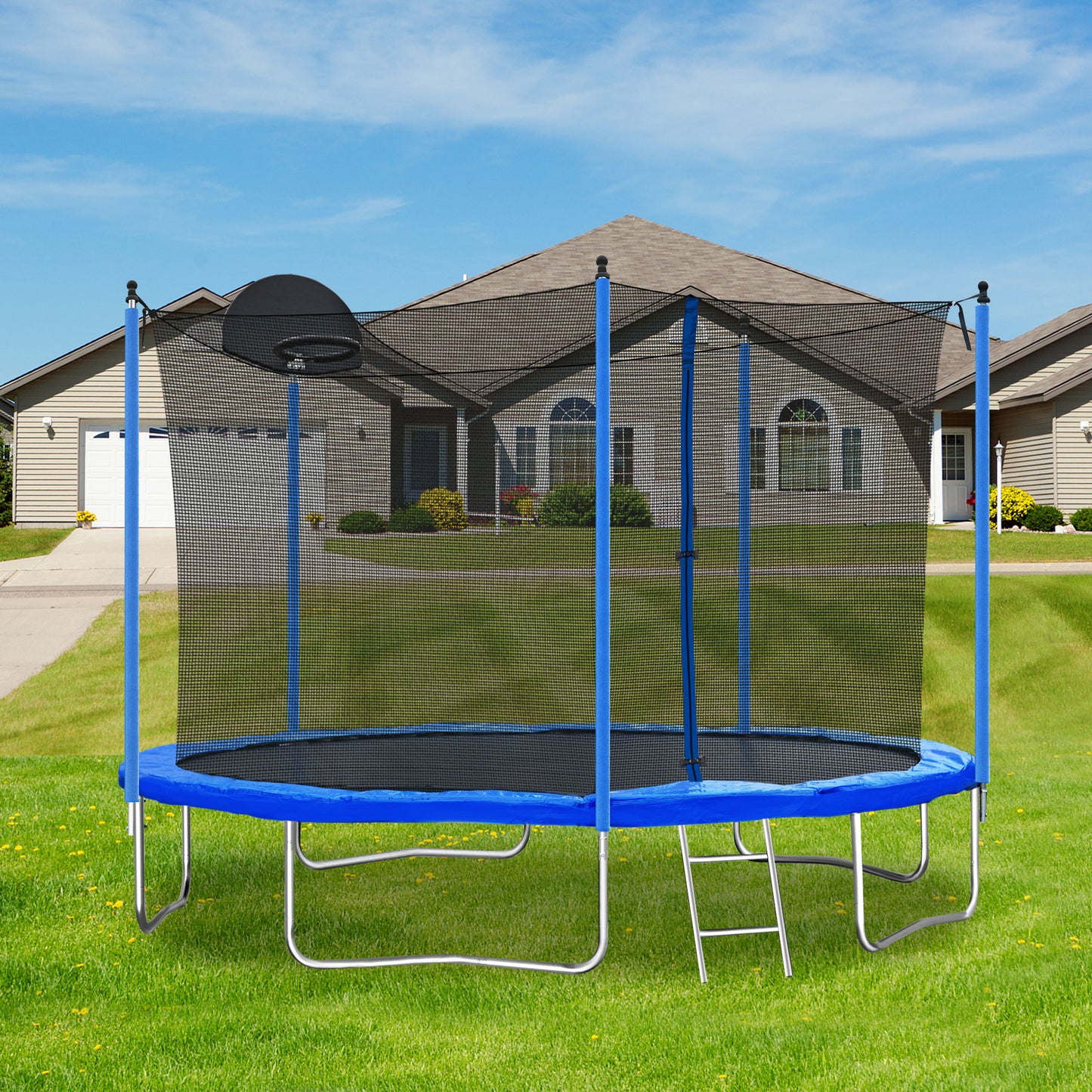 12Ft Trampoline For Adults & Kids With Basketball Hoop, Outdoor Trampolines With Ladder And Safety Enclosure Net For Kids And Adults - Blue Daily Nest