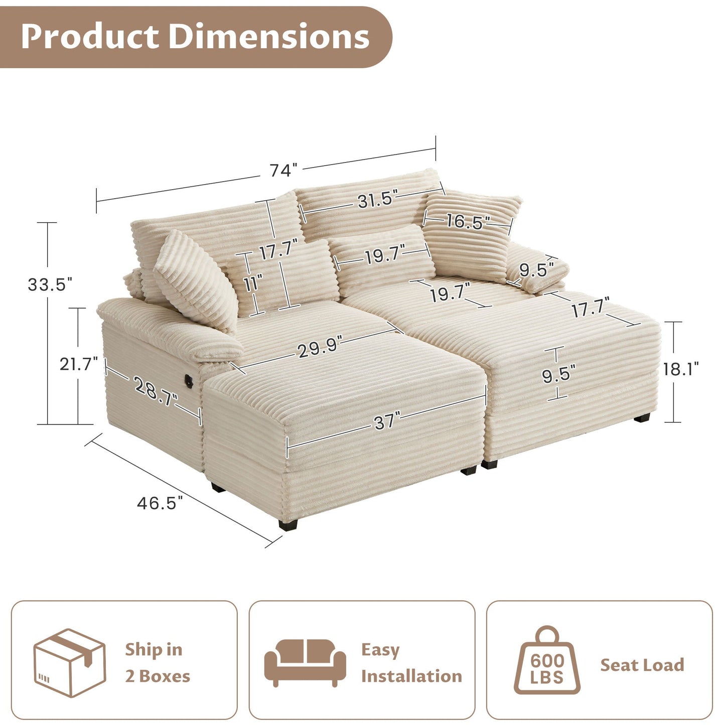 Double Chaise Lounge Set With Reversible Storage Ottomans, USB Port - Snoozhouse