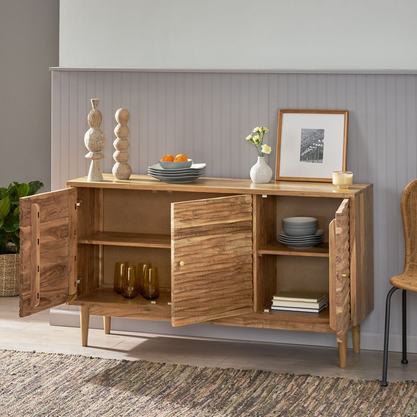 Boho Handcrafted 3 Door Sideboard, Carved Texture & Artisanal Charm - Natural Noble House