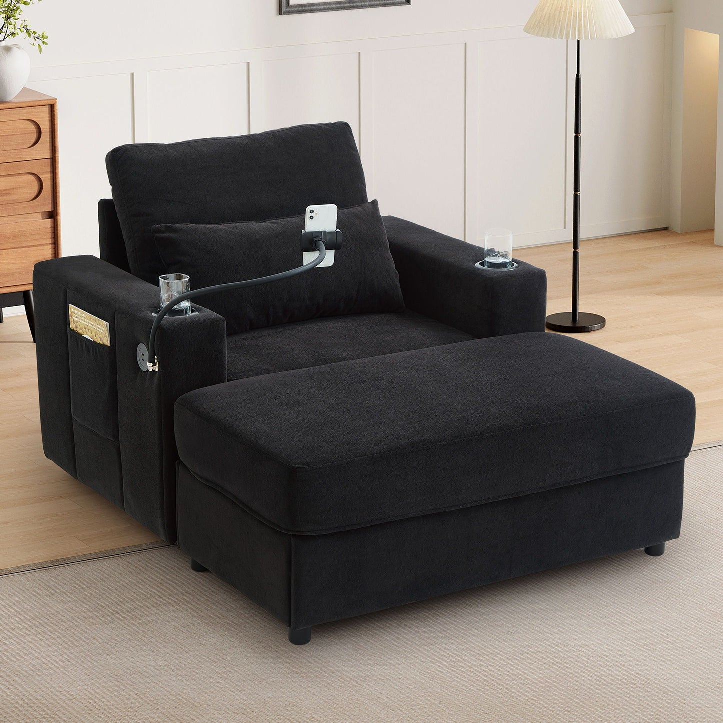 Modern Style Armchair Chaise Lounge Sofa Couch With Movable Storage Ottoman, USB Ports, Cup Holders, Phone Holder, Side Pockets Hearth and Haven