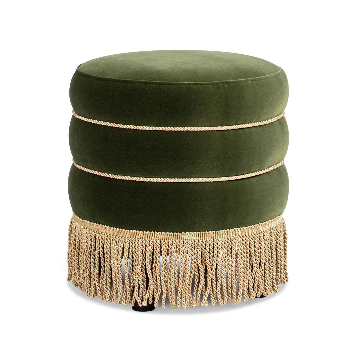 Edward - Round Upholstered Ottoman With Bullion Fringe - Olive Green Jennifer Taylor Home