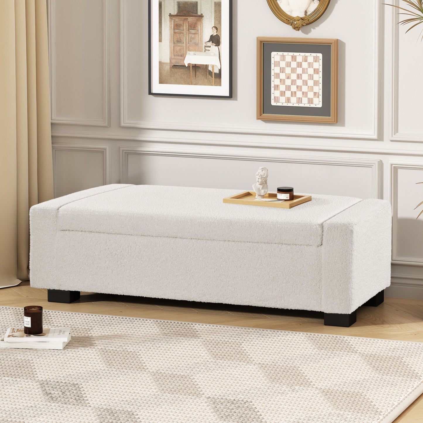 Textured Boucle Ottoman Bench With Hinged Lid For Seating And Storage - Beige Noble House