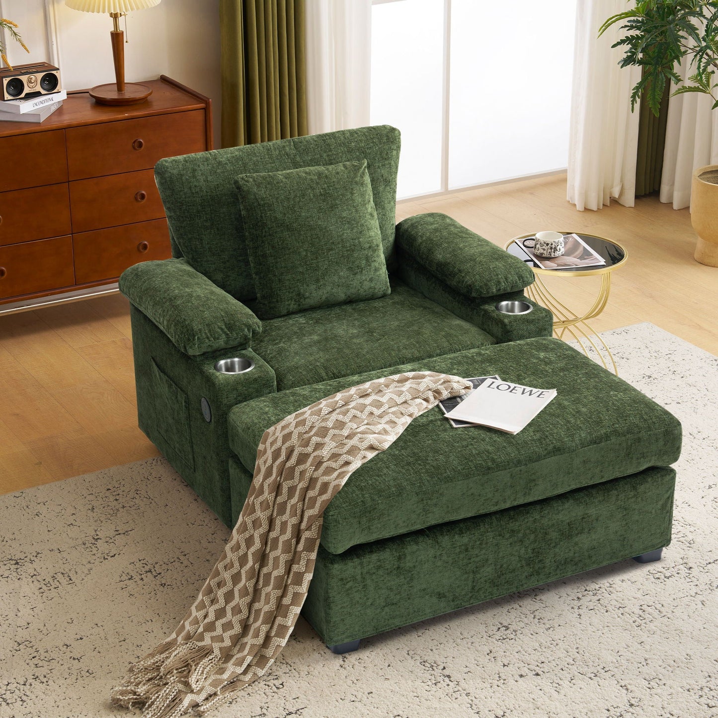Modern Oversized Chair With Ottoman, Cupholders And USB Charging Ports Home Essentials