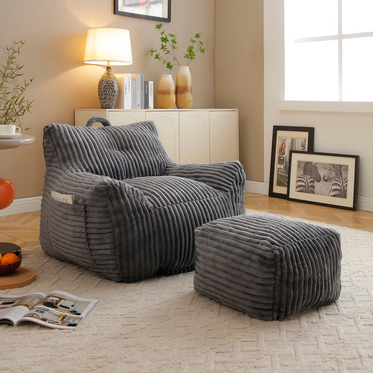 Giant Plush Bean Bag Chair With Armrests And Footstool Home Essentials