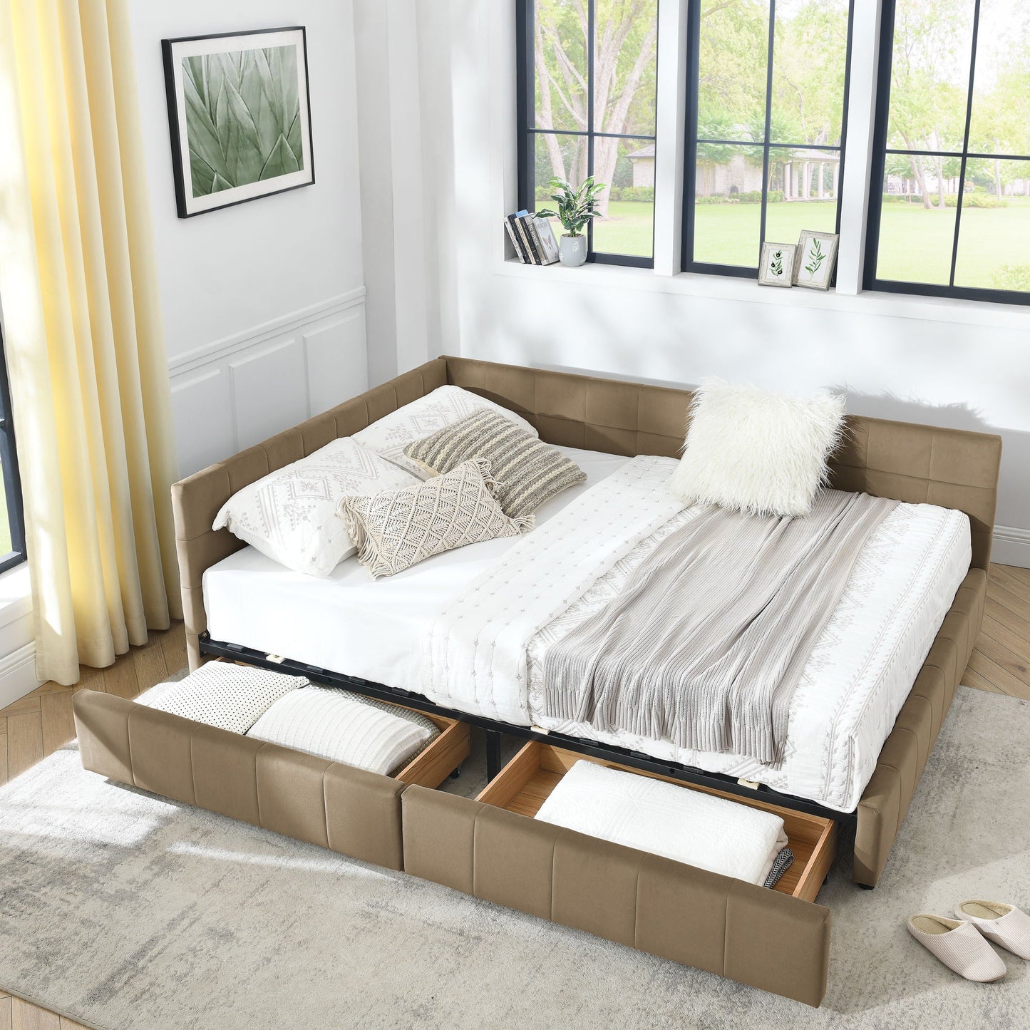 Mid-Century Storage Upholstered Tufted Bed Frame With Backrest And Armrests Home Essentials