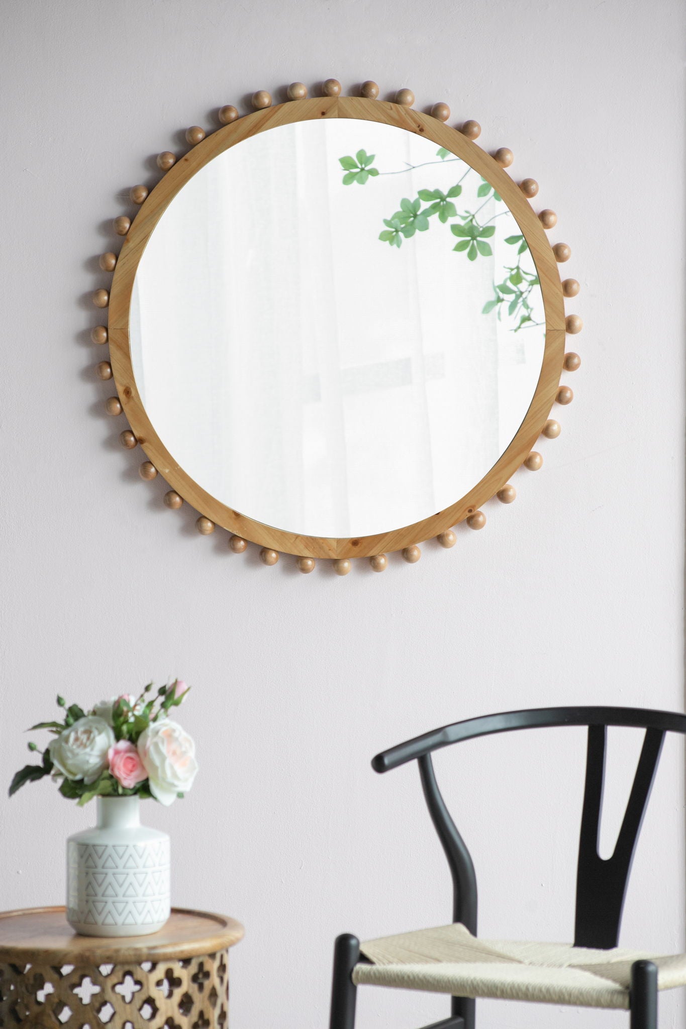 Wood Round Mirror With Beaded Frame, Circle Wall Mirror For Living Room Bedroom Entryway - Brown Daily Nest