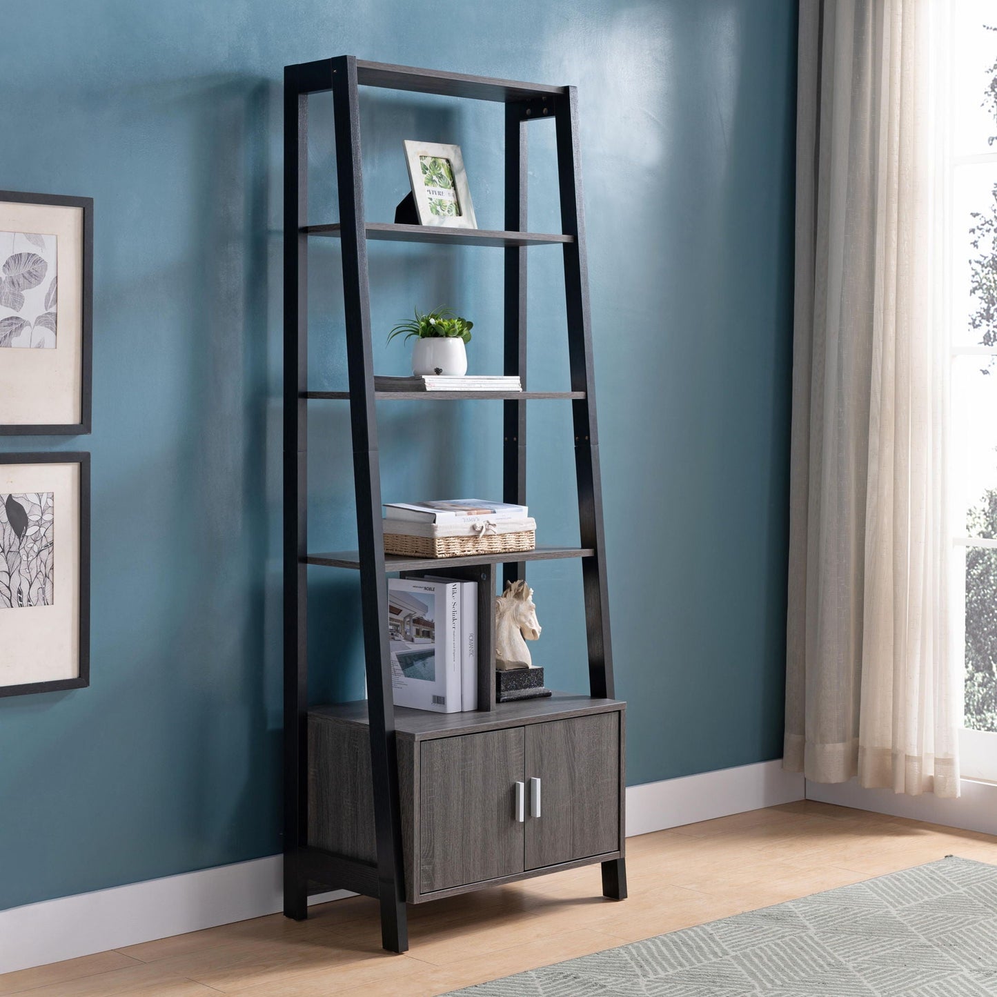 Modern Bookcase With Four Open Shelves And Two Door Cabinet - Black / Gray Home Essentials