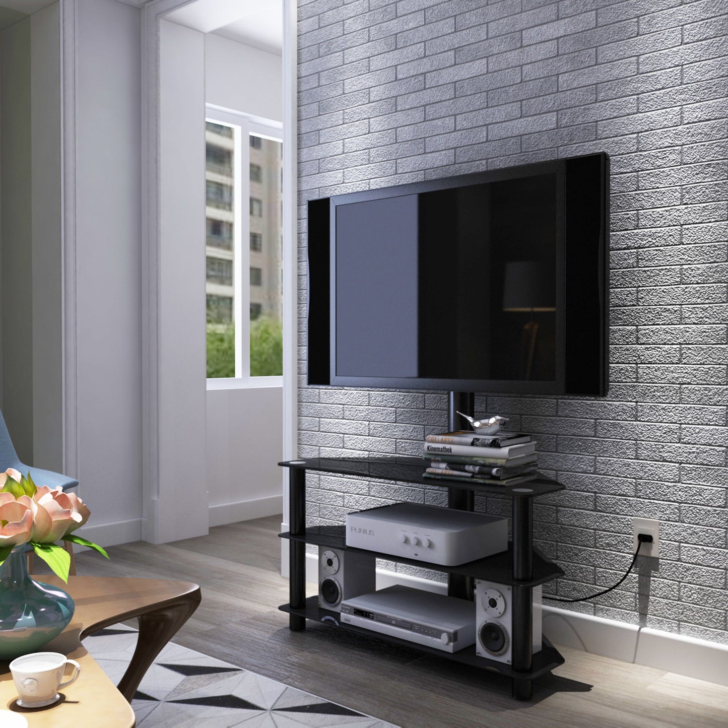 43.3" Multi-Function TV Stand Height Adjustable Bracket Swivel 3 Tier - Black Home Essentials