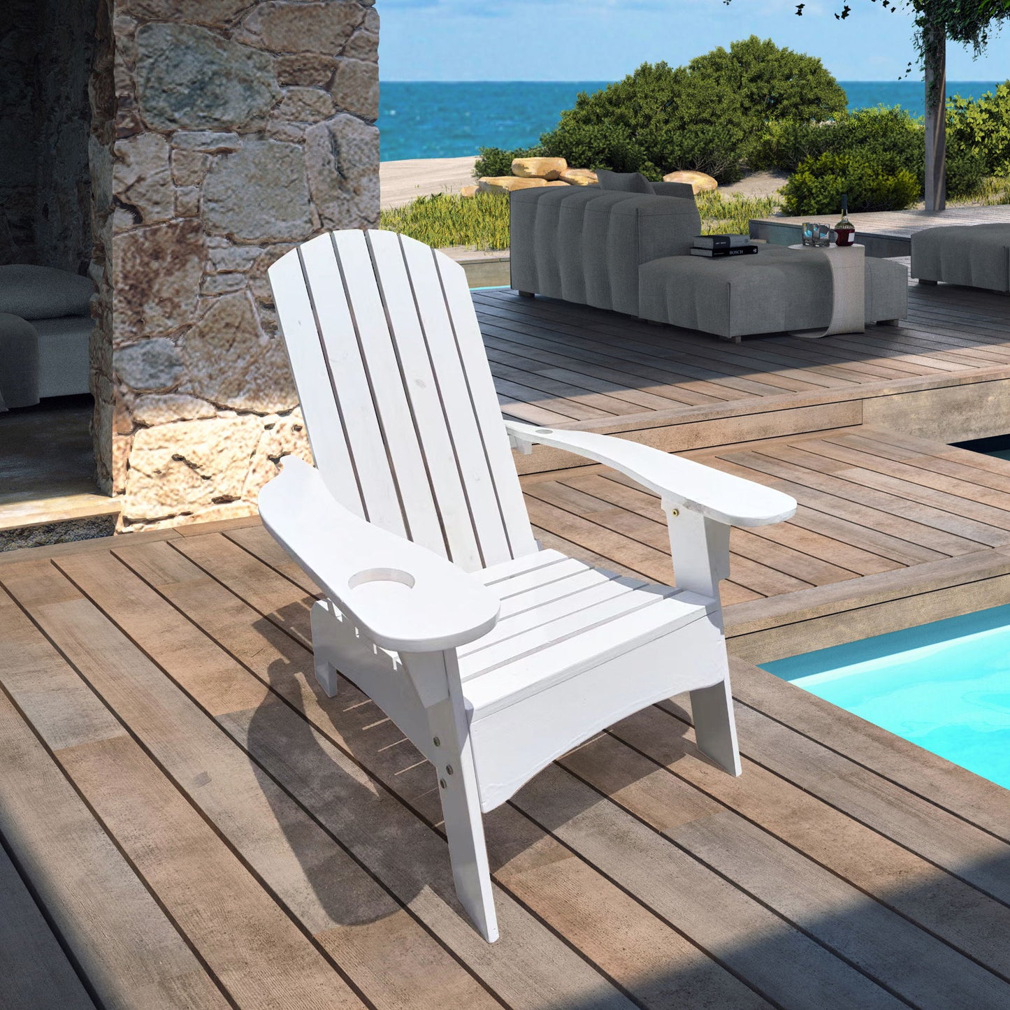 Outdoor Or Indoor Wood Adirondack Chair With An Hole To Hold Umbrella, On The Arm Home Essentials