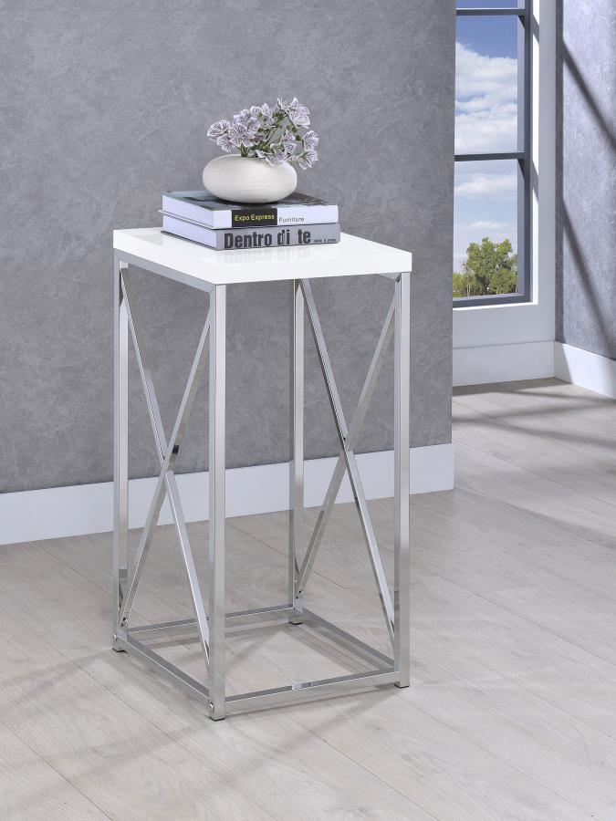 Edmund - Square Accent Side Table - White High Gloss And Chrome CoasterEveryday