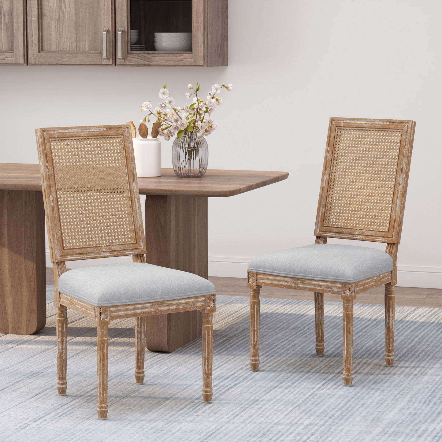 French Country Dining Chair With Rectangular Cane Backrest And Smooth Upholstered Seating Noble House
