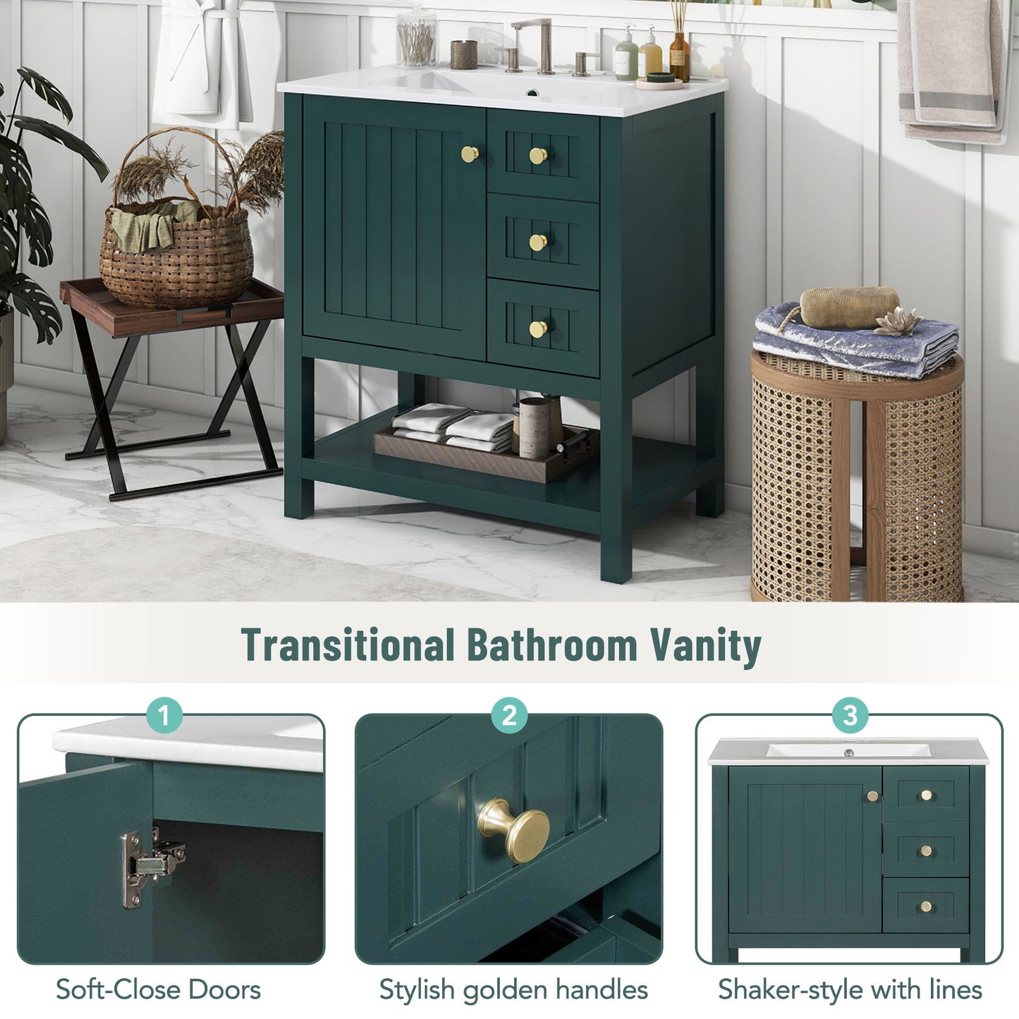 Transitional Style Bathroom Vanity Cabinet Combo With Ceramic Sink Hearth and Haven
