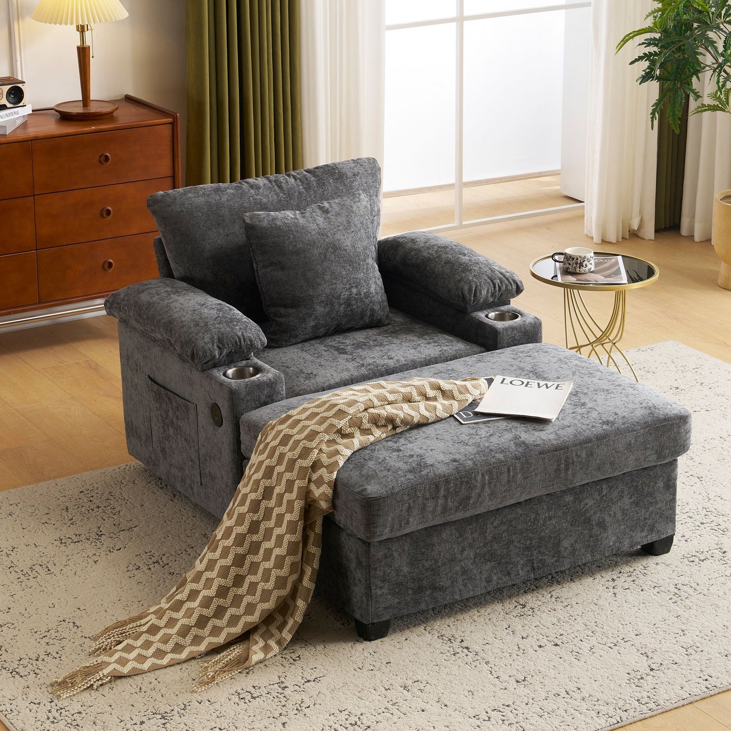 Modern Oversized Chair With Ottoman, Cupholders And USB Charging Ports Home Essentials