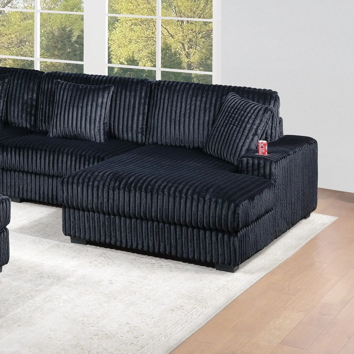 1 Piece Right Arm Facing Chaise With Cup Holder Only Modular Piece Texture Upholstered Living Room Furniture - Black Home Essentials