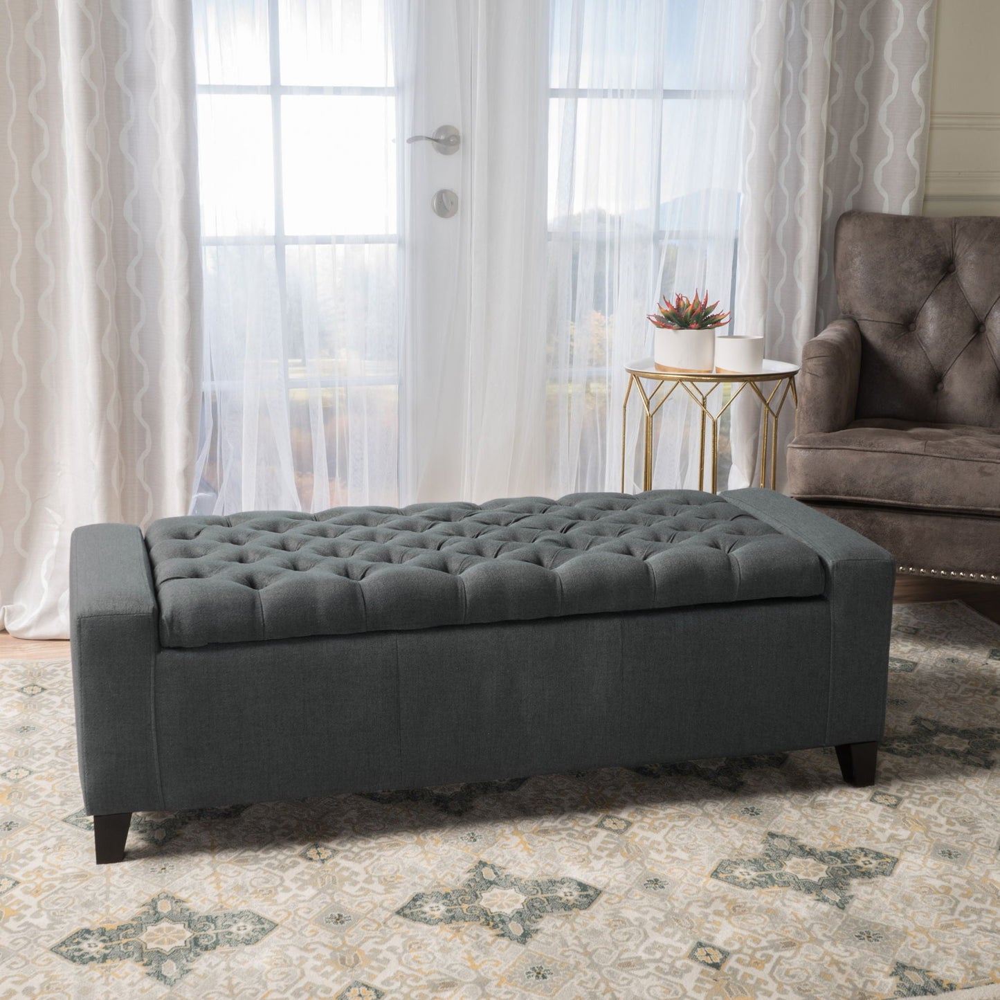 Contemporary Storage Ottoman With Tufted Top - Dark Gray Noble House